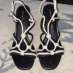 GIBSON*LATIMER BLACK/WHITE LEATHER SANDALS New Genuine Sheep Leather BLOCK HEEL